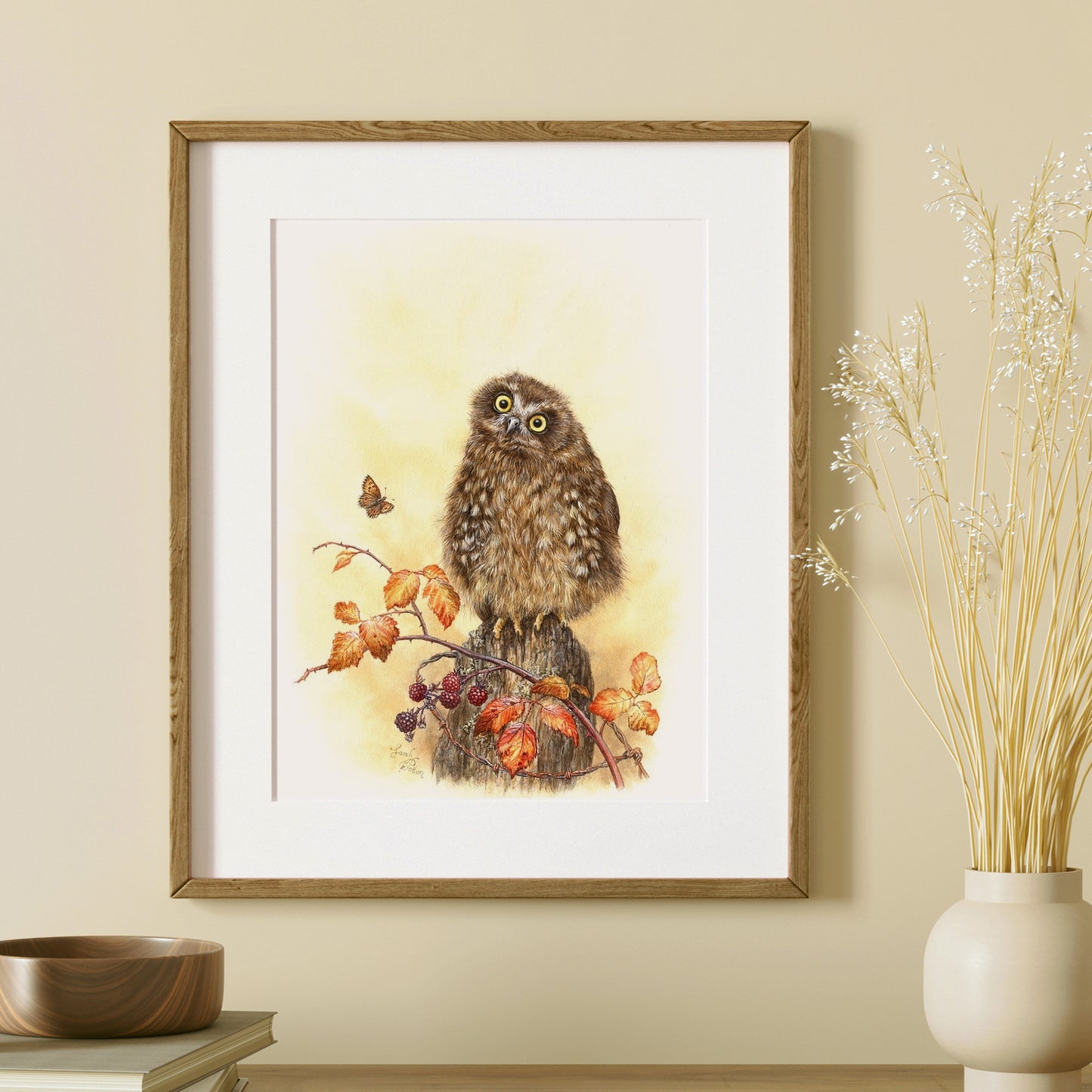 'Autumn Fluff' - Original Painting of Morepork Owl & Brambles