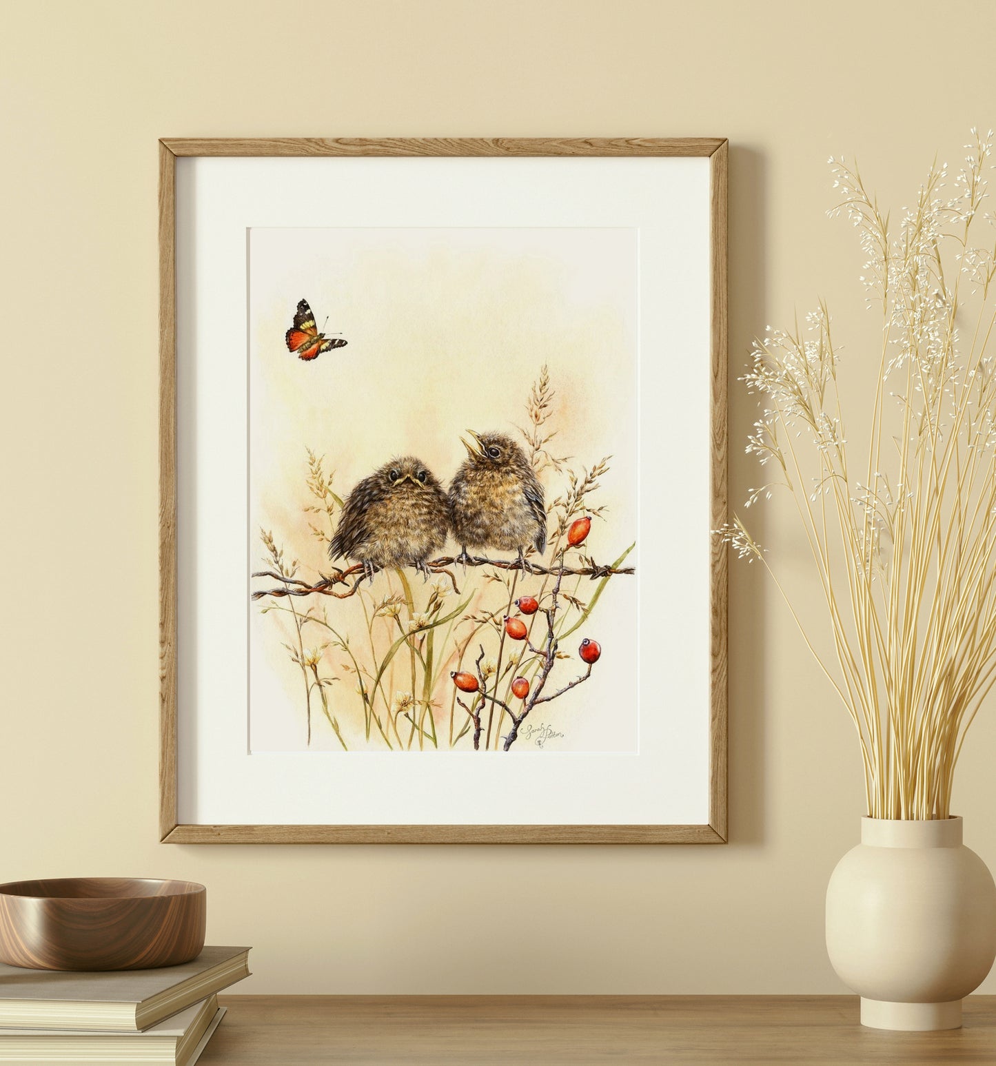 Framed Print of Birds on Wire with Yellow Admiral Butterfly - Kid's Room Decor