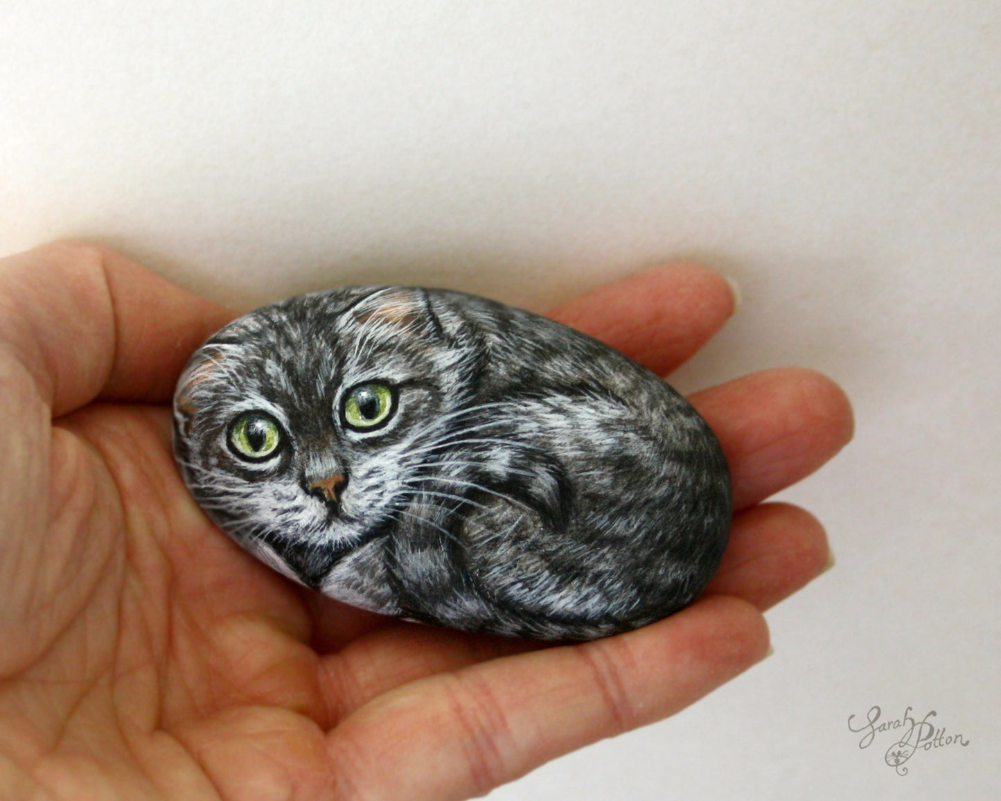 Grey Tabby Cat Painted Rock