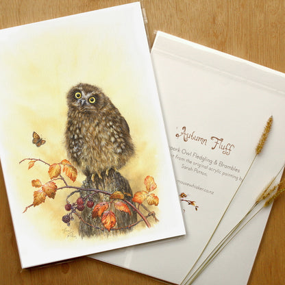 Wall Print of NZ Baby Owl, Butterfly & Blackberries