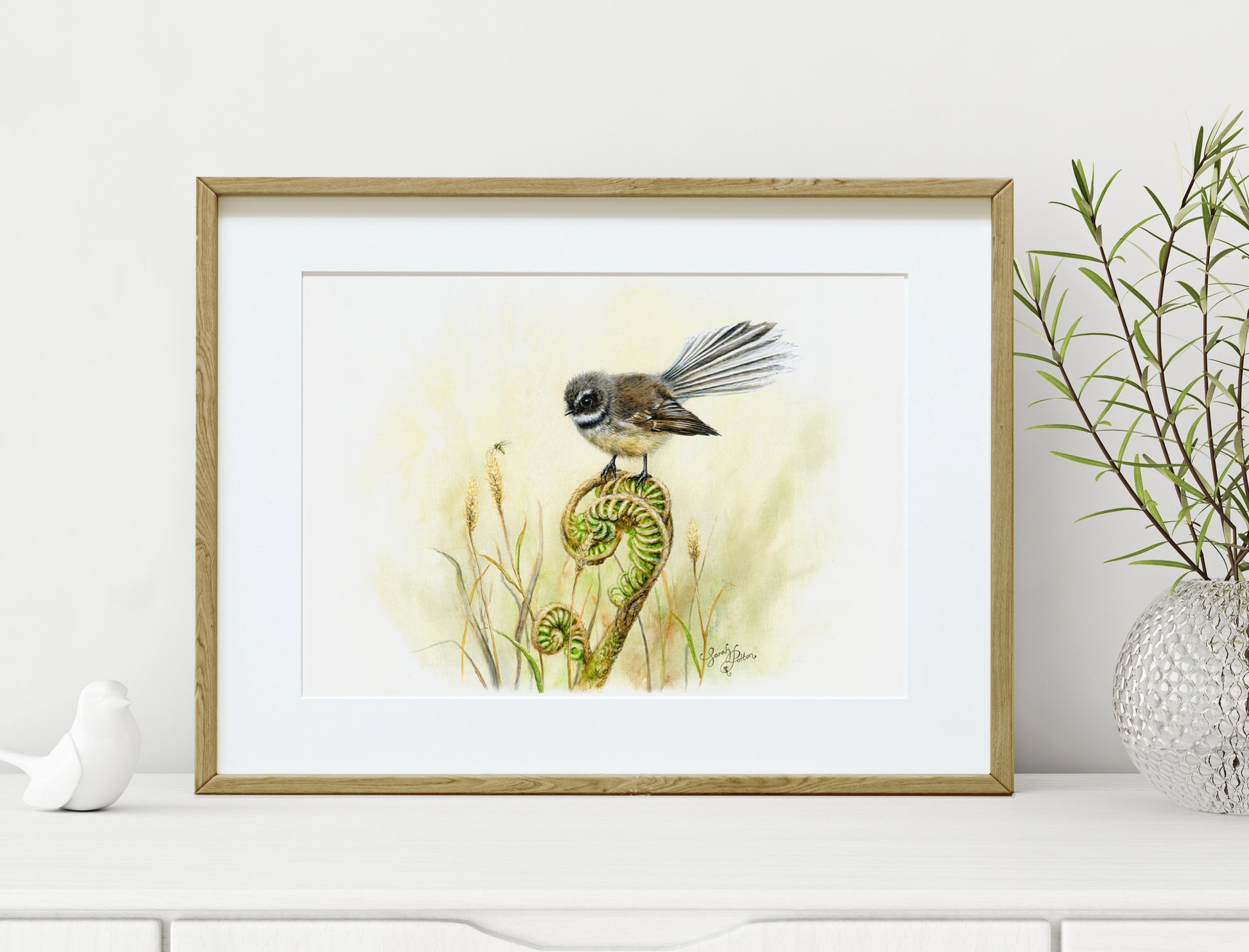 Fantail Framed Art - NZ Print for Green Home Decor