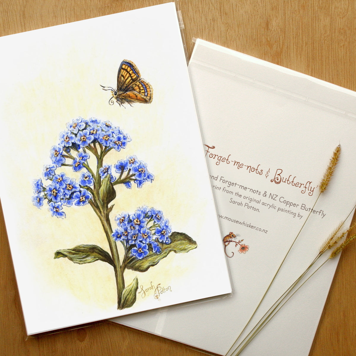 Print of blue forget me not flowers and butterfly