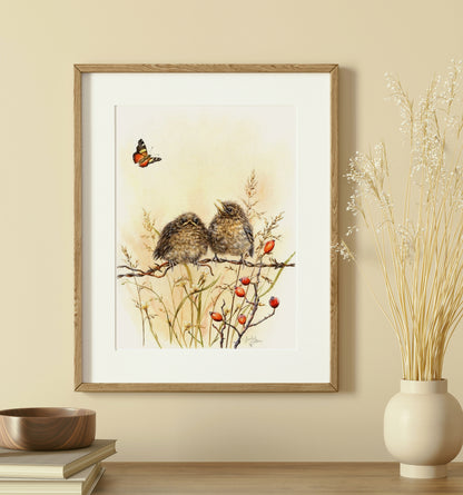 Framed Print of Birds on Wire with Yellow Admiral Butterfly - Kid's Room Decor