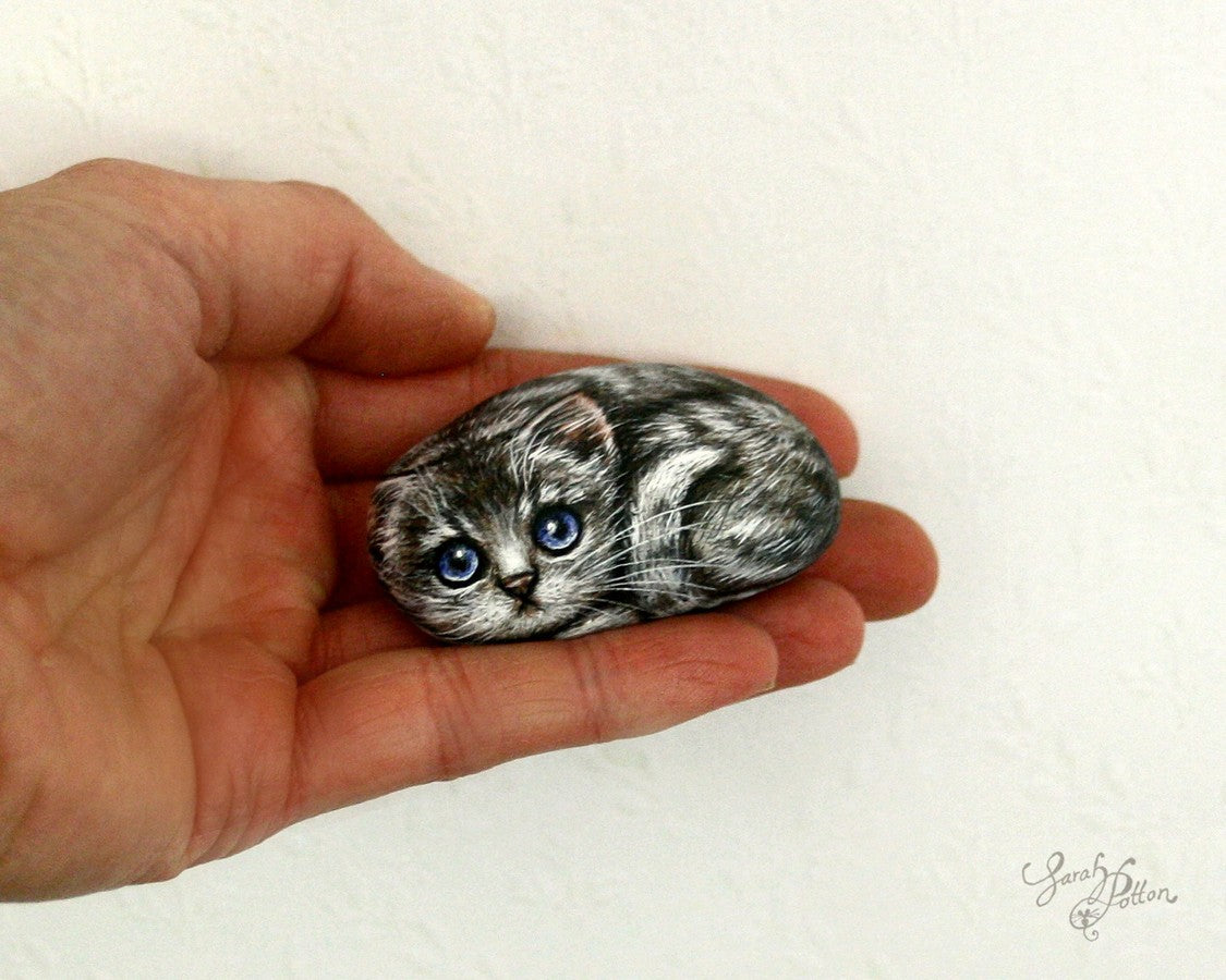 grey tabby kitten stone painting