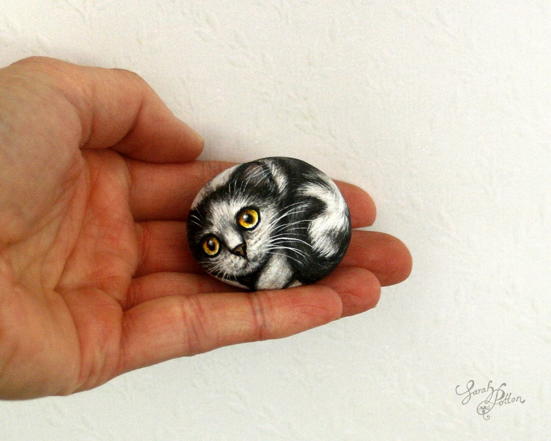 miniature animal art painted cat pebble