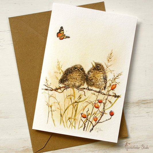 Card / Mini Print - Baby Birds & Butterfly