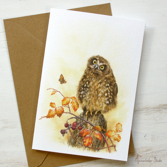 Card / Mini Print - NZ Ruru Owl & Brambles