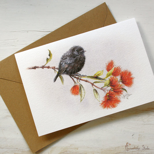Card / Mini Print - NZ Black Robin & Pohutukawa
