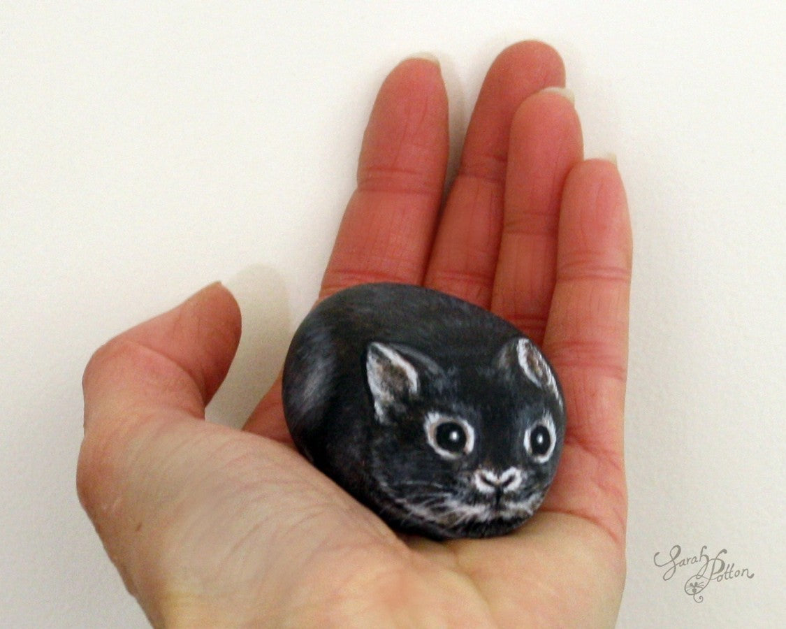 black rabbit painted pebble