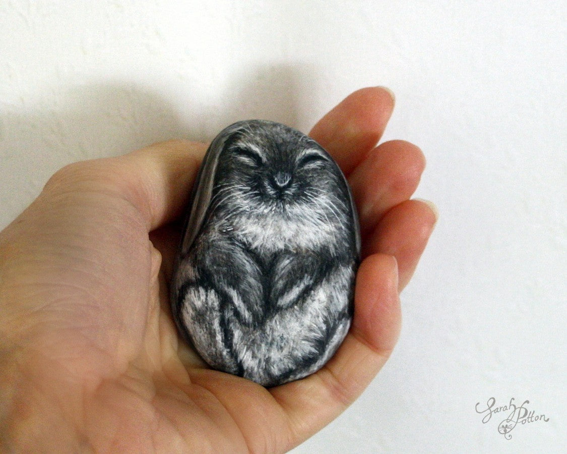 grey lop bunny painted stone