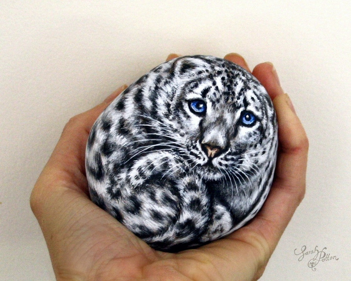 snow leopard painted rock