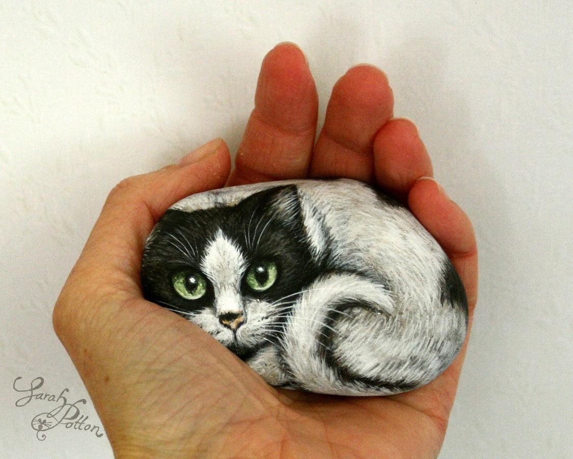 black and white cat painted rock - animal ornament