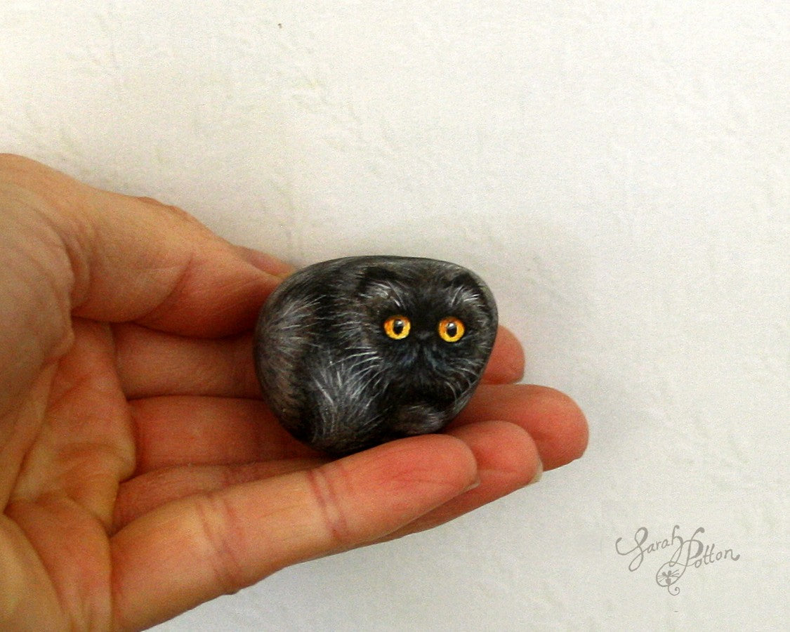 black persian cat painted rock - miniature art