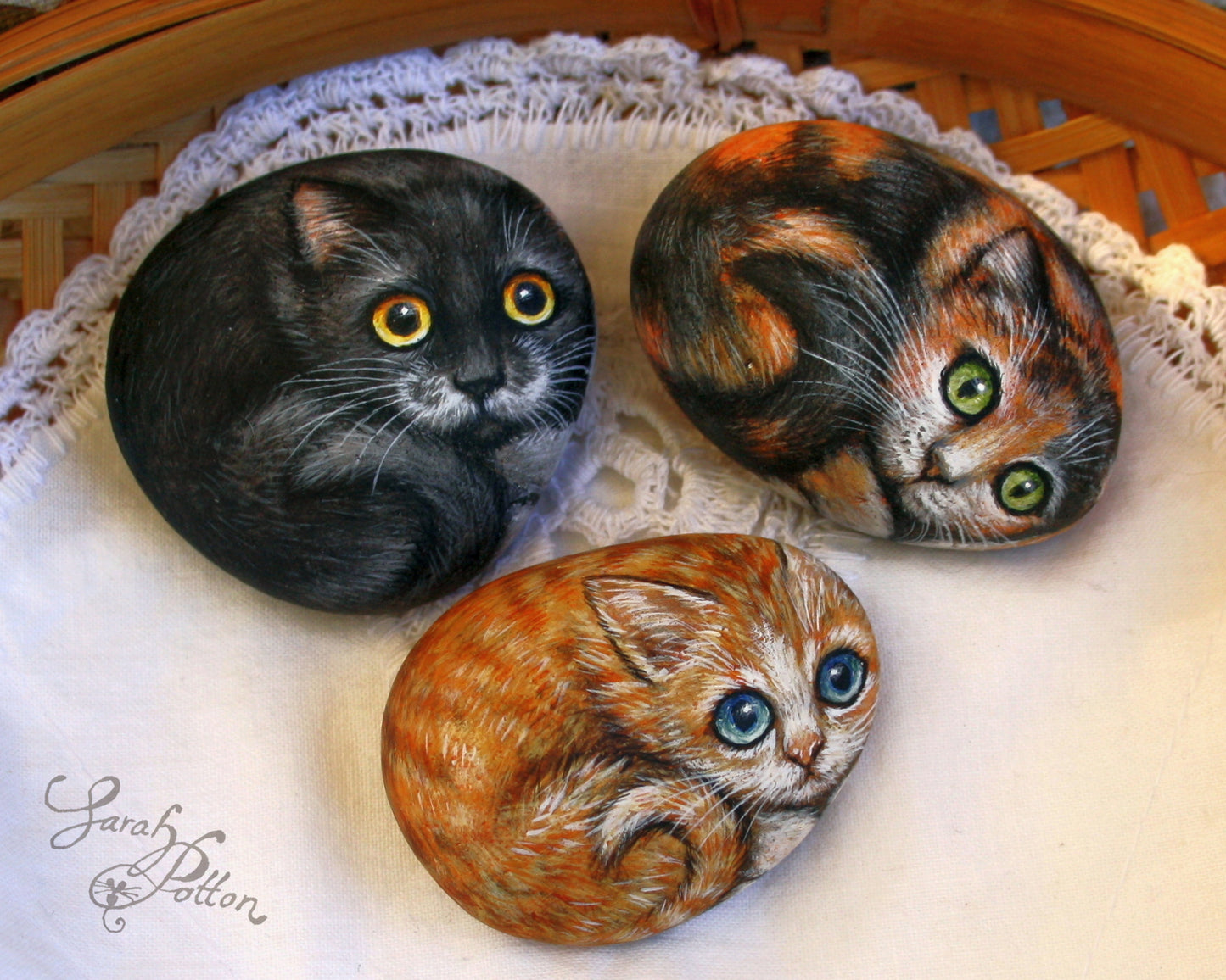 Painted Stones - Cats: Tortoiseshell, Black & White, and Ginger
