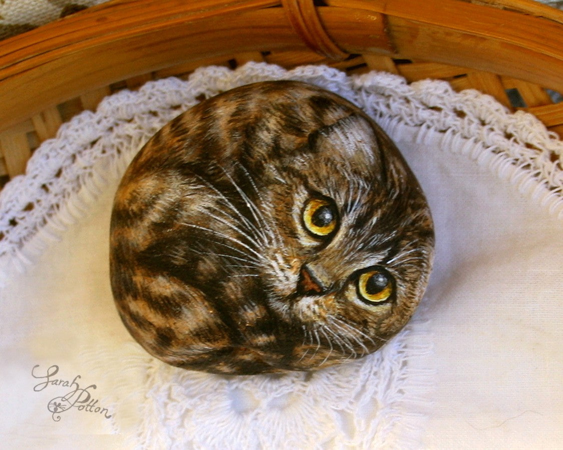 brown tabby cat painted rock