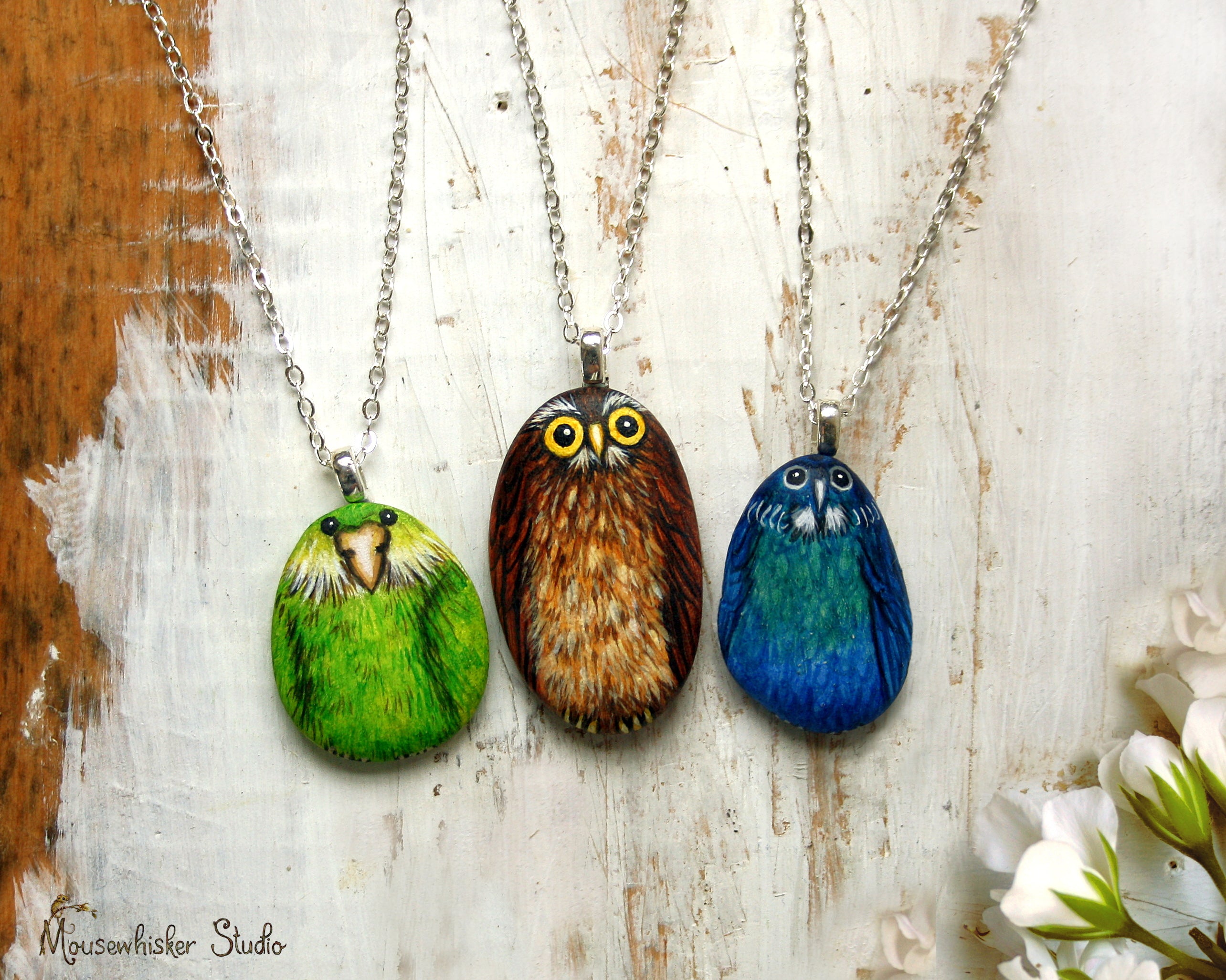 NZ Bird Necklaces - Kakapo, Morepork, Tui 