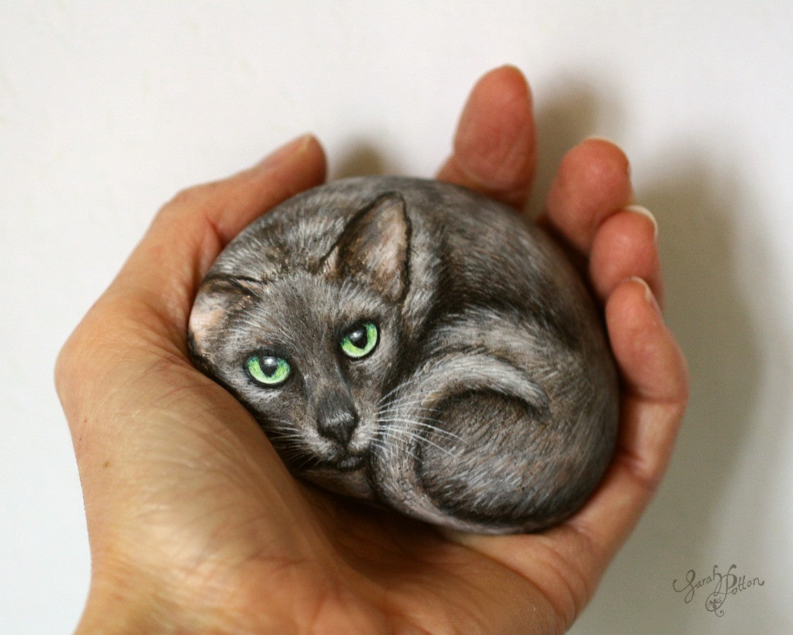 grey siamese painted rock pet portrait - cat loss art