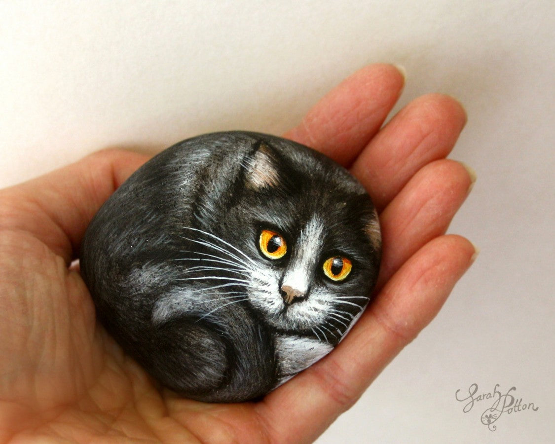 tuxedo cat rock painting