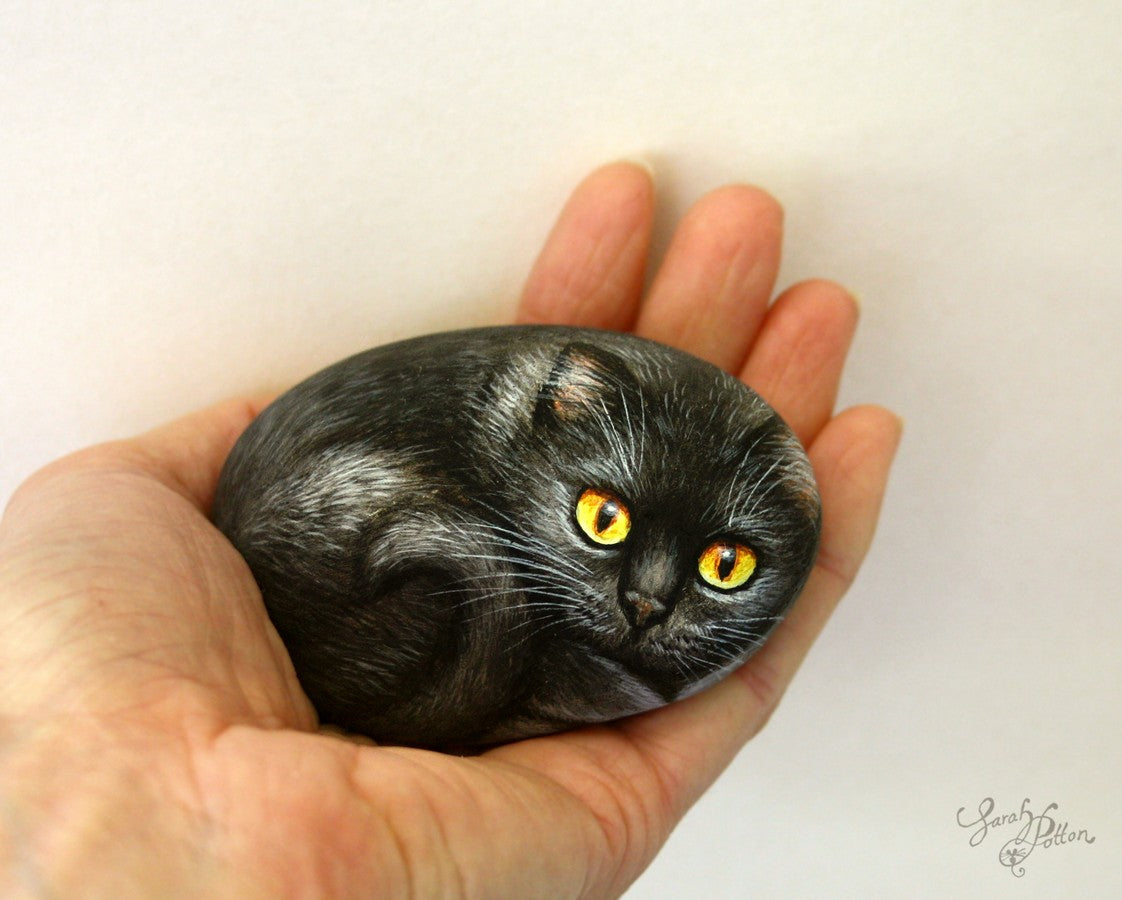 black cat - painted rock art 