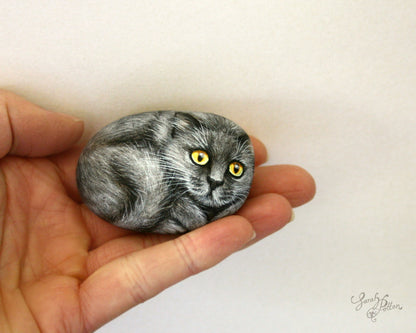 Painted Stone Cats - Grey Fluffy, Black & Siamese