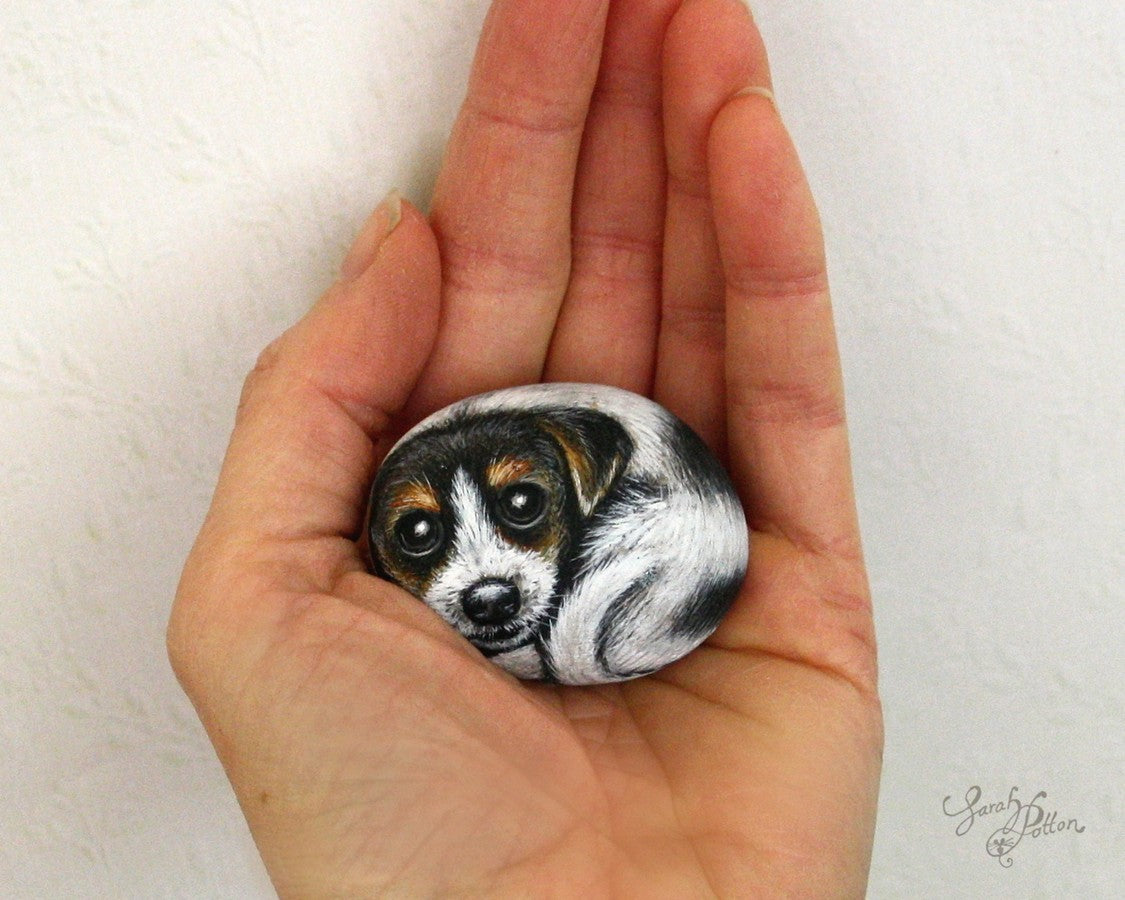 tiny jack russell dog painted rock by sarah potton