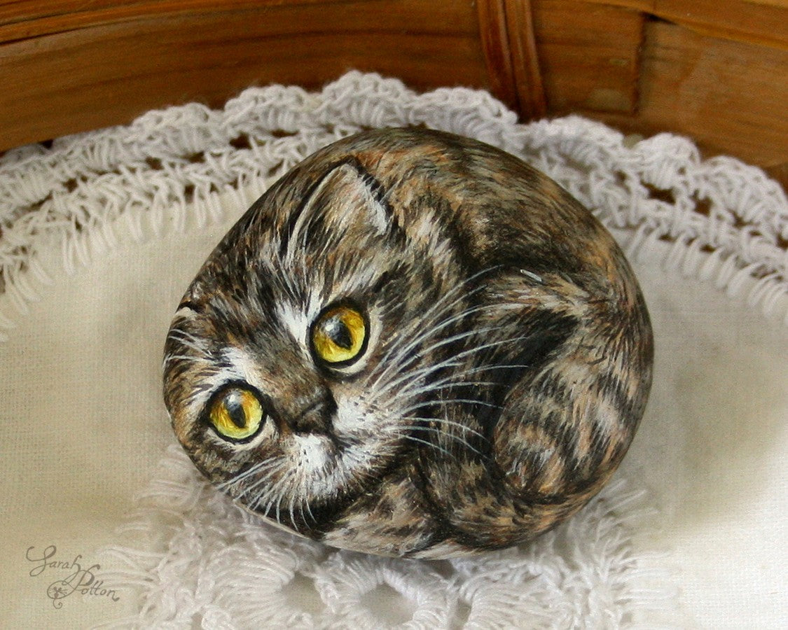 brown tabby kitten painted stone