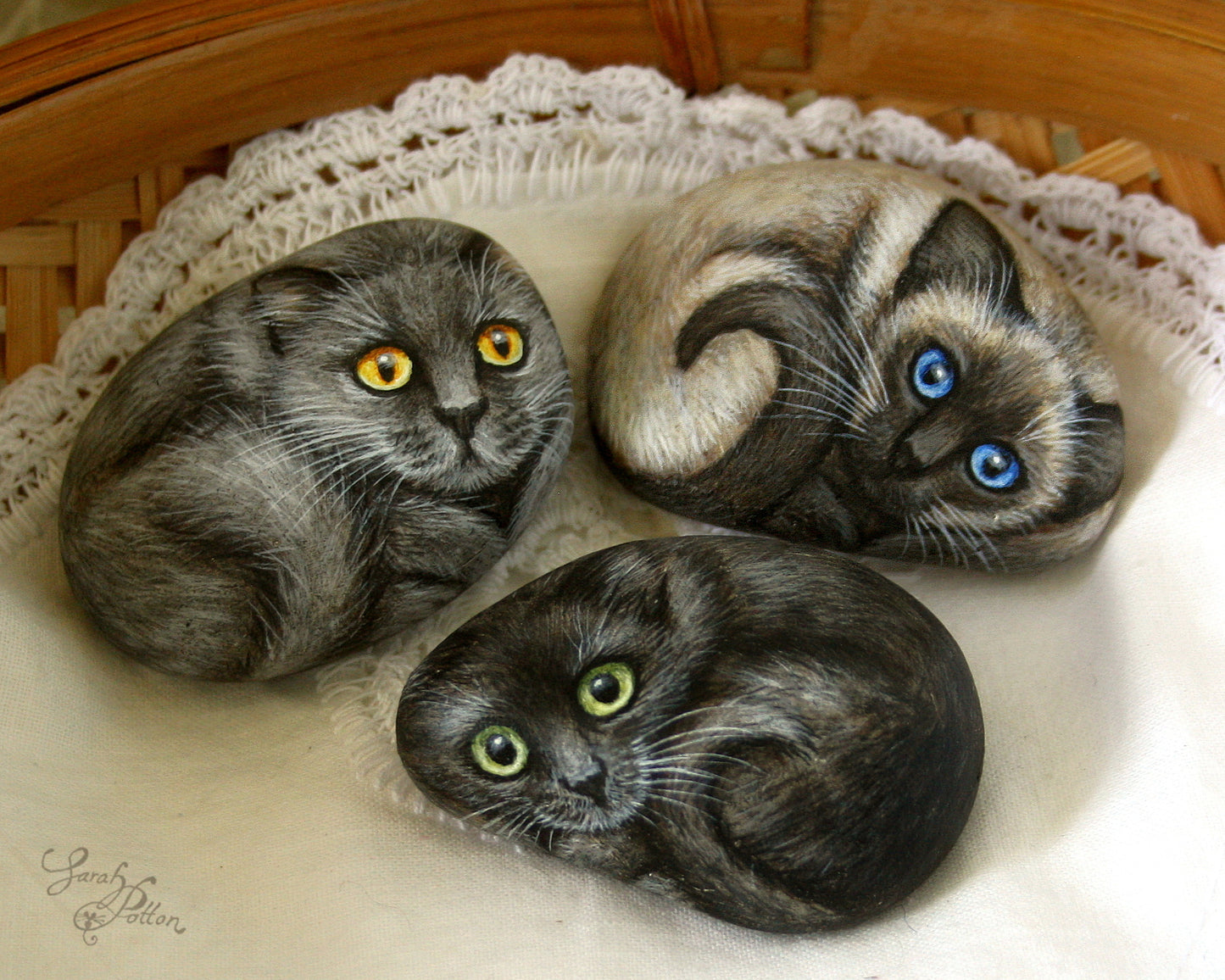 Painted Stone Cats - Grey Fluffy, Black & Siamese