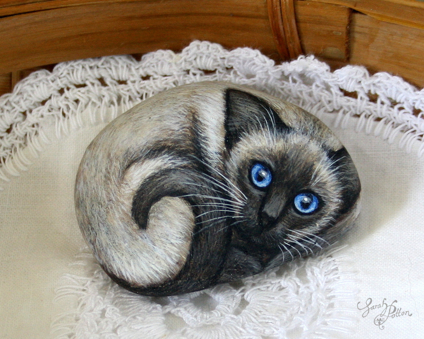 Painted Stone Cats - Grey Fluffy, Black & Siamese