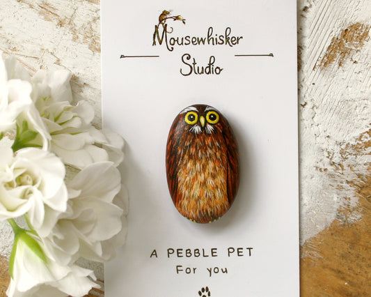 NZ Morepork Owl Pebble Brooch