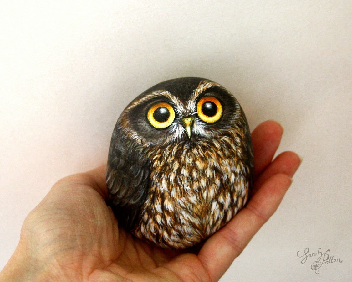 ruru owl - morepork painted rock by nz artist
