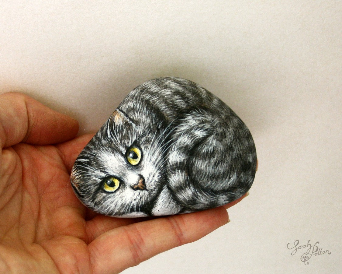 grey tabby cat painted stone - art for sale