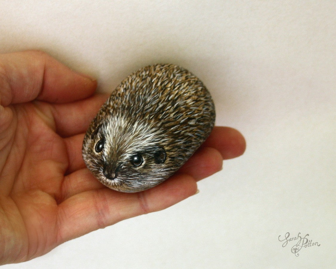 hedgehog painted stone ornament