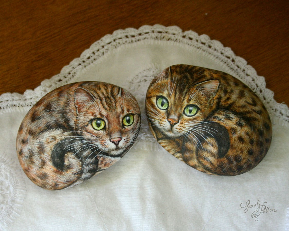 bengal cat painted rocks - pet portraits nz
