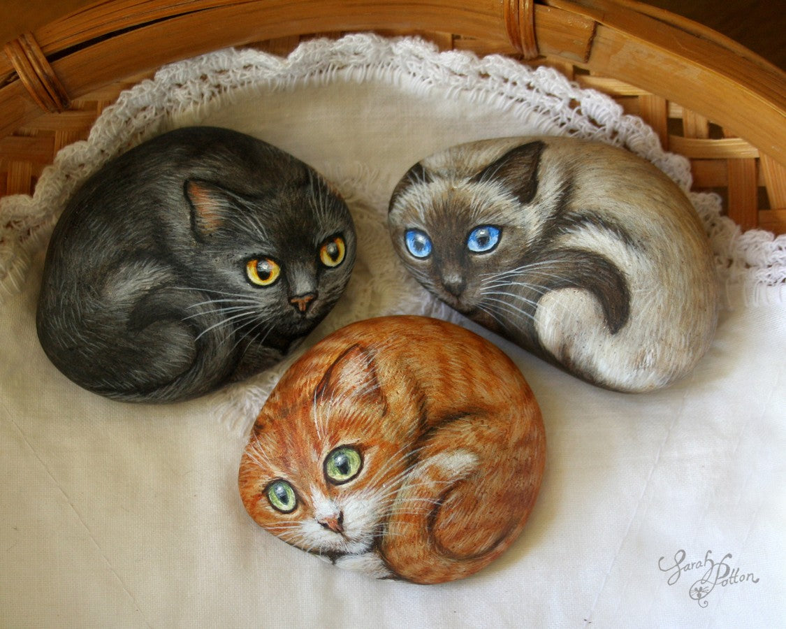 painted rocks - black , siamese, orange tabby cats