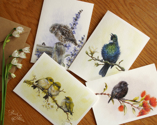 4 Greeting Cards - NZ Birds Set #2