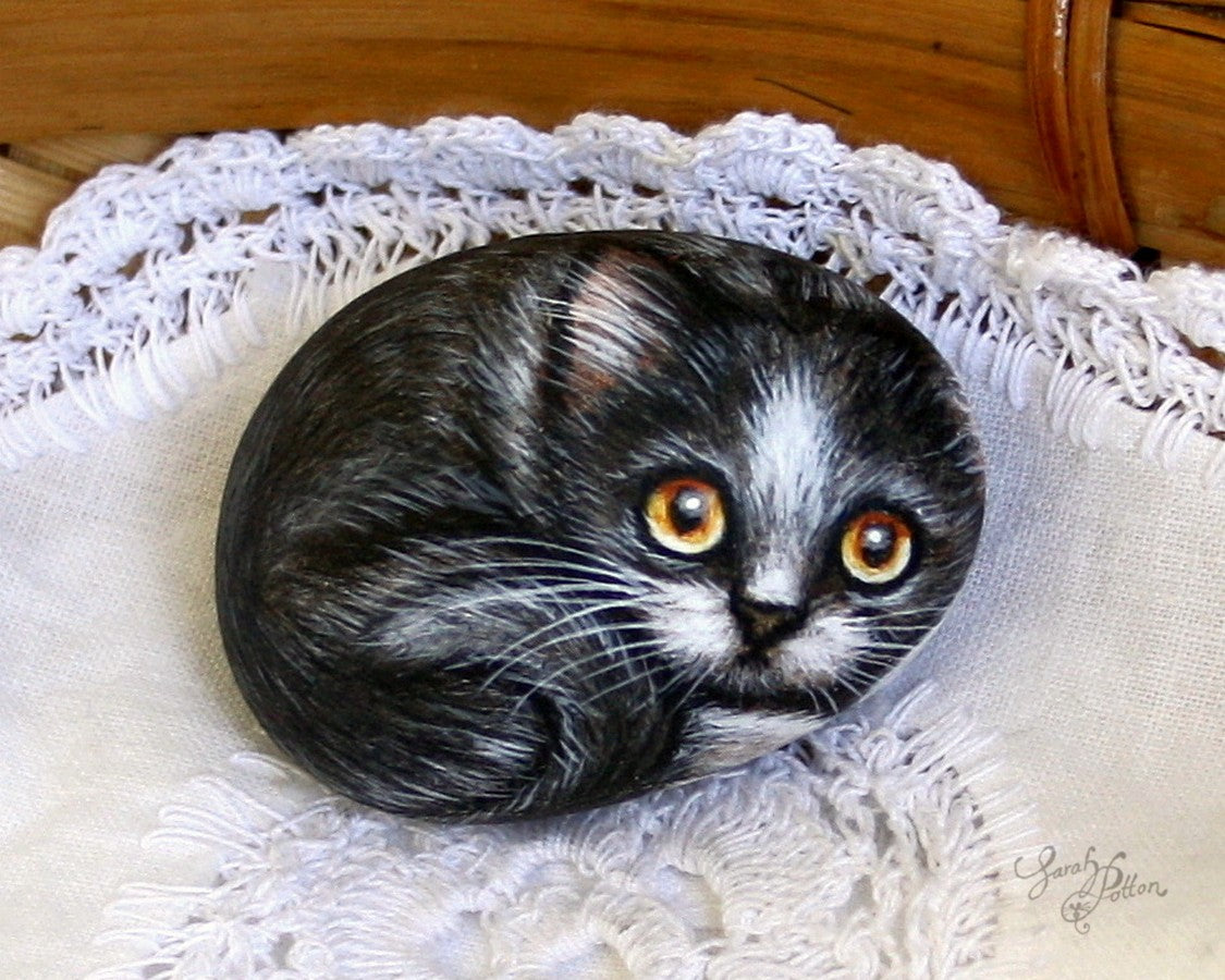black and white kitten painted rock