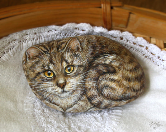 Brown Tabby Cat Painted Stone