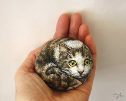 Brown & White Tabby Cat - Painted Rock Art