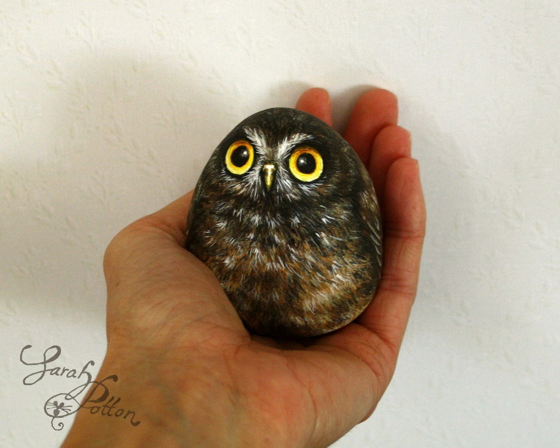 morepork owl painted rock - nz art for sale