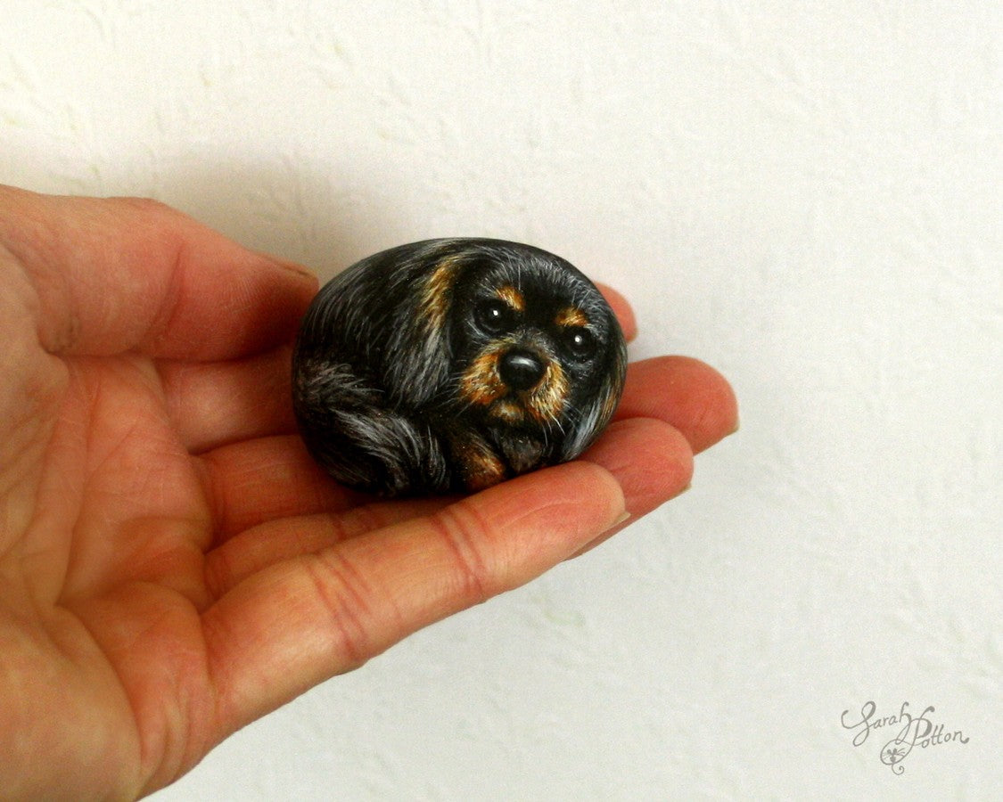 black and tan cavalier spaniel - tiny painted rock