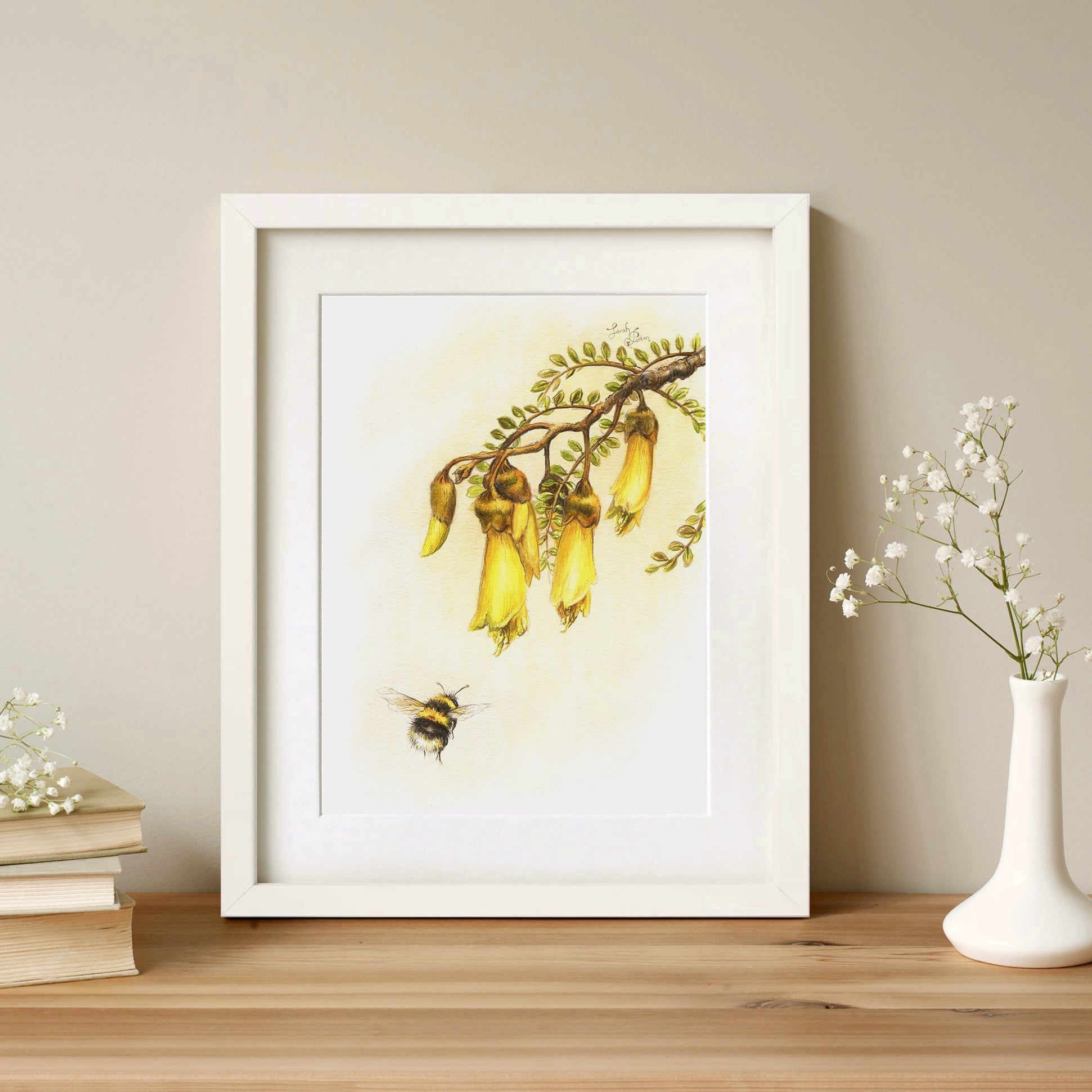 Original Art for Sale - Yellow Kowhai Flowers & Bumble Bee