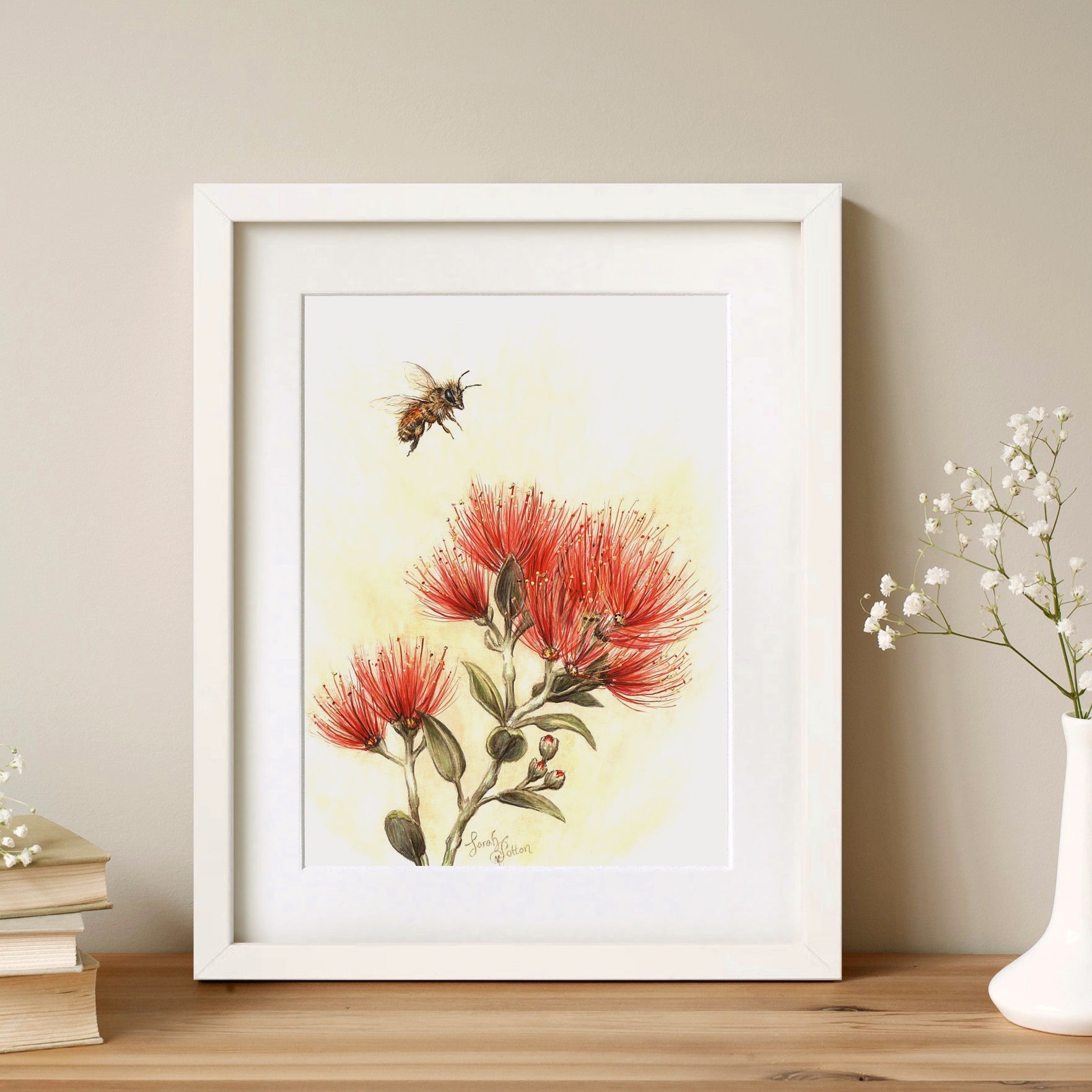Pohutukawa & Bee - Floral Artwork - Red Home Decor