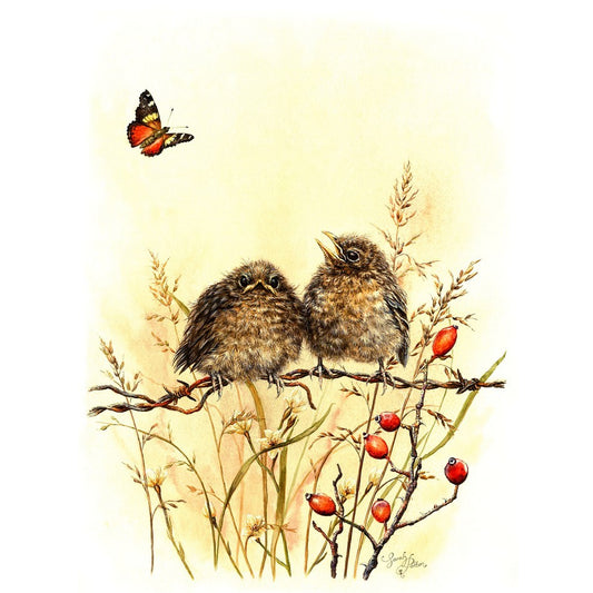 Print of Baby Blackbirds, Butterfly & Rosehips - Nursery Wall Art Prints
