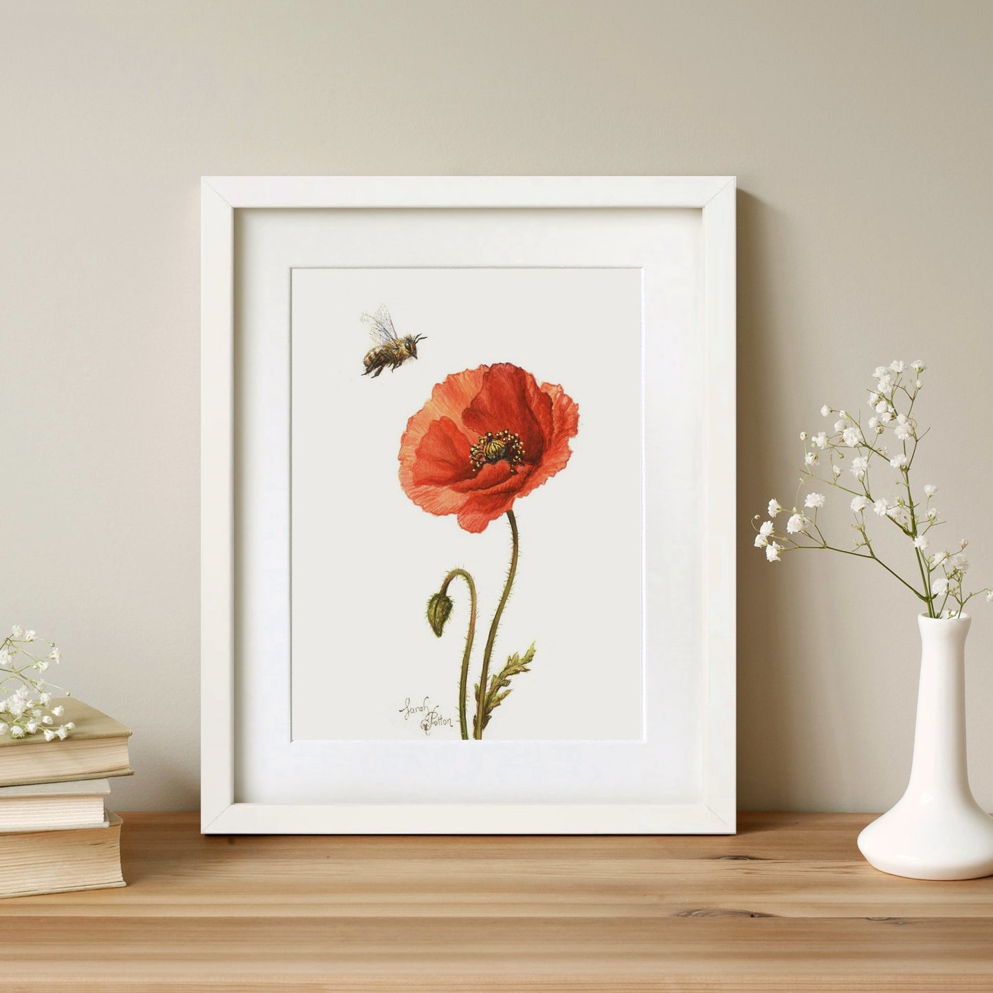 Original Painting - Red Poppy & Bee