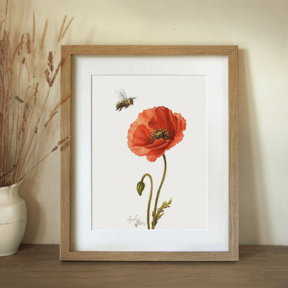 Original Painting - Red Poppy & Bee